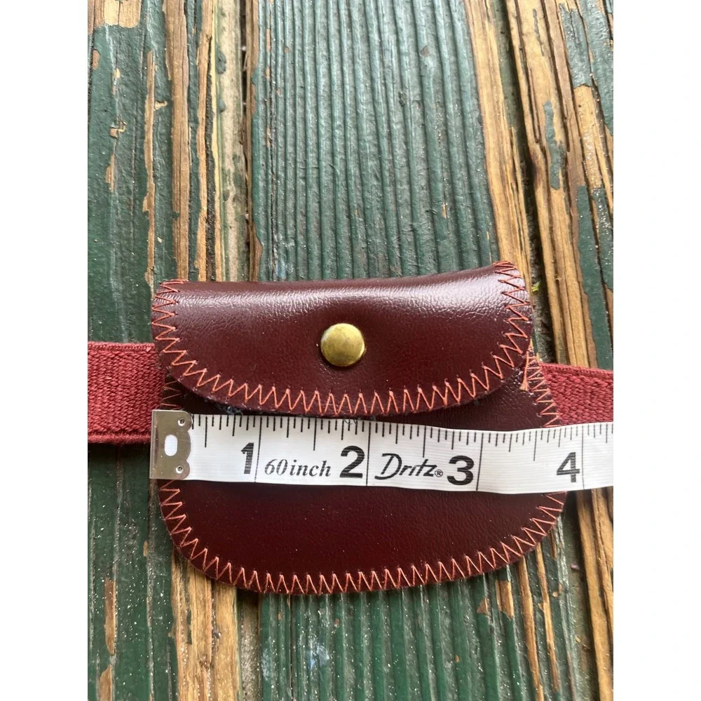 Vintage Burgundy Elastic Belt with Mini Pouch Gold R Logo Buckle Retro Red